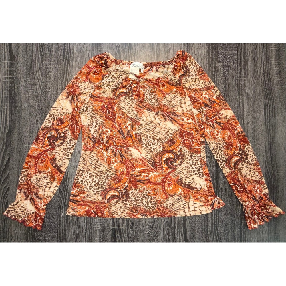 Fred David Womens Large Paisley Animal Print Ruffle Neck Long Sleeve Blouse Top